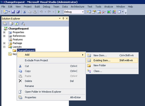 Al hacer esto, se creará automáticamente una subcarpeta con el nombre del proyecto de Visual Studio, con el objetivo de que utilicemos esta subcarpeta para el despliegue de los contenidos que deseemos, ya que si todas las soluciones desplegasen sus contenidos en la raíz de /_layouts, sería muy probable que pudiéramos tener conflictos entre los ficheros desplegados por unas y otras soluciones. Siguiendo con nuestro caso de ejemplo, añadiremos un fichero DOTX a nuestra carpeta Layouts con una plantilla de Word que utilizaremos más adelante en un Tipo de Contenido (Content Type), para lo cual, utilizaremos la opción Add Existing Item del menú contextual en el Solution Explorer.