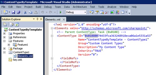 Realizado esto, habremos creado nuestro Proyecto de Visual Studio, con nuestro Content Type asociado a una Característica (Feature). A partir de aquí, el trabajo que realizaremos será modificando la descripción XML de nuestro Content Type, empezando por las propiedades que describe el Nombre, Grupo y Descripción de nuestro Tipo de Contenido. Es muy importante fijarse en la propiedad ID, un valor hexadecimal que contiene el ID del Tipo de Contenido Padre (0x0108 corresponde a Task) seguido de dos cero y de un valor hexadecimal de 16 bytes (cuál GUID).