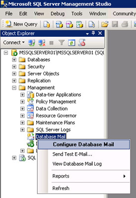 Es posible configurar Database Mail por comandos o con la interfaz gráfica (SSMS). En nuestro caso de ejemplo, vamos a realizar desde cero la configuración de Database Mail en un Cluster de SQL Server 2008 R2 utilizando SQL Server Management Studio (SSMS). Para empezar, utilizaremos la opción Configure Database Mail desde el menú contextual de Database Mail, como se muestra en la siguiente pantalla capturada