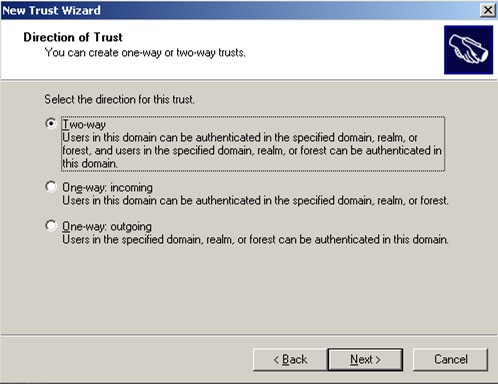 En el diálogo Direction of Trust especificaremos que deseamos crear una Relación de Confianza Bi-Direccional (Two-way)