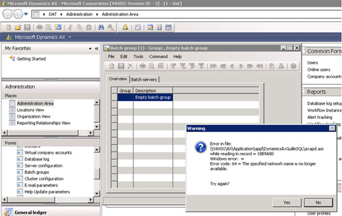 Con un Cliente AX conectado al AOS de VAX02, simulamos la pérdida de acceso a los Application Files existentes en una Shared Folder de VAX01, aislando dicha Máquina Virtual (a nivel de Red) en Hyper-V. Al seguir trabajando con nuestro Cliente AX, nos encontramos con el siguiente error: Error in file: \\VAX01\AX\Application\appl\DynamicsAxGuilleSQL\axapd.aoi while reading in record = 18B9A80. Windows error: =. Error code: 64 = The specified network name is no longer available