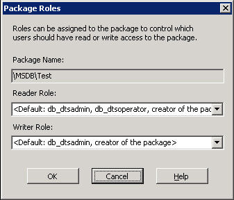 Diálogo Package Roles de SQL Server Integration Services. Desde éste diálogo podremos seleccionar si deseamos utilizar las funciones de base de datos por defecto (db_dtsltduser, db_dtsoperator, db_dtsadmin) para acceder a los Paquetes DTSX almacenados en MSDB, o si por el contrario, deseamos utilizar funciones de base de datos definidas por el usuario, con el fin de personalizar la configuración de seguridad de los Paquetes DTSX almacenados en MSDB (SQL Server).